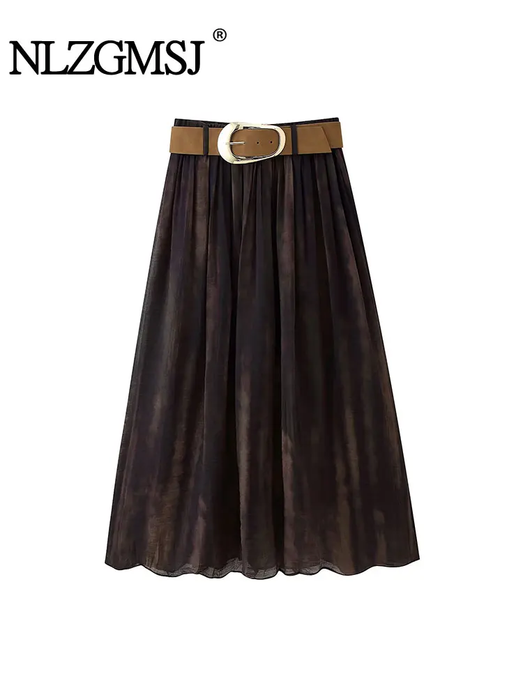 

NLZGMSJ 2025 Women Autumn Winter New Printing Retro High Waist Office Skirts Belt Elegant Skirt For Women