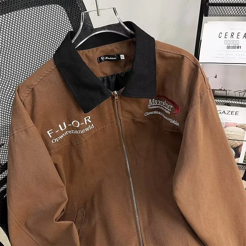 

Коричневая универсальная свободная мужская куртка для весны и осени, модная рабочая одежда с воротником-стойкой, верхняя одежда для пар