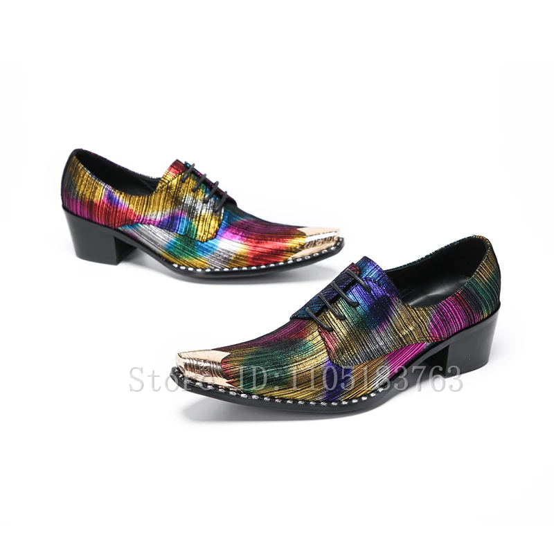 Men Rainbow Metallic Striped Pointed Toe Dress Shoes Metal Tip Lace Up Chunky Block Heel Oxford Shoes for Wedding Party