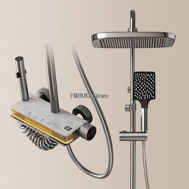 Digital Display Shower System With Large Panel Rain Shower Head Pressure-enhanced Spray Gun Modern Multiple Functions Shower Set