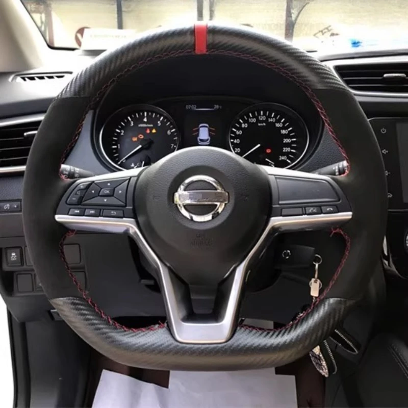 

Сшитый вручную нескользящий черный замшевый чехол на руль из углеродного волокна для Nissan X-Trail Qashqai Rogue (Sport) 2017-2019