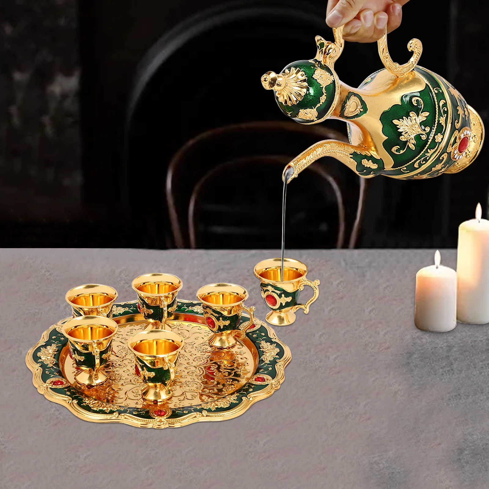 

Turkish Tea Set, Vintage Coffee Pot with 6 Cups, Metal Luxury Teacups for Home Decor,Birthday,Christmas,Wedding (Gold and Green)