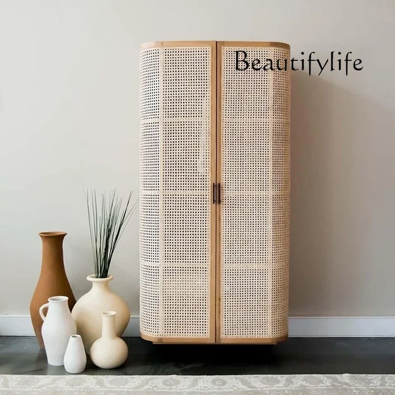 

B & B wabi sandy wind large capacity double door storage locker Nordic solid wood rattan wardrobe swing door home bedroom