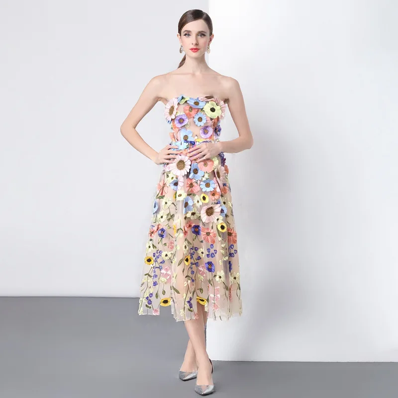 Ele Summer Women's Dr Embroidered 3D Floral Heavy Work Slimming Waistline Strapl Gown Chinese Faion Thiened Me