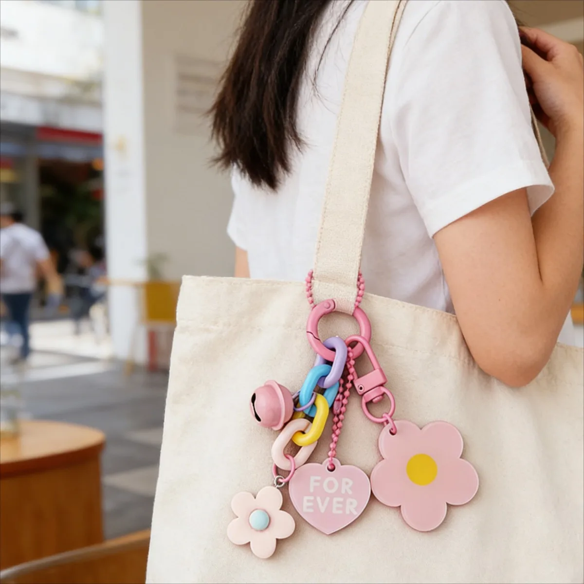 Macaron Color Floral Keychain Flower Heart FOREVER Tag Bell Colorful Chain Bag Charm Cute Pastel Accessory Gift For Girls