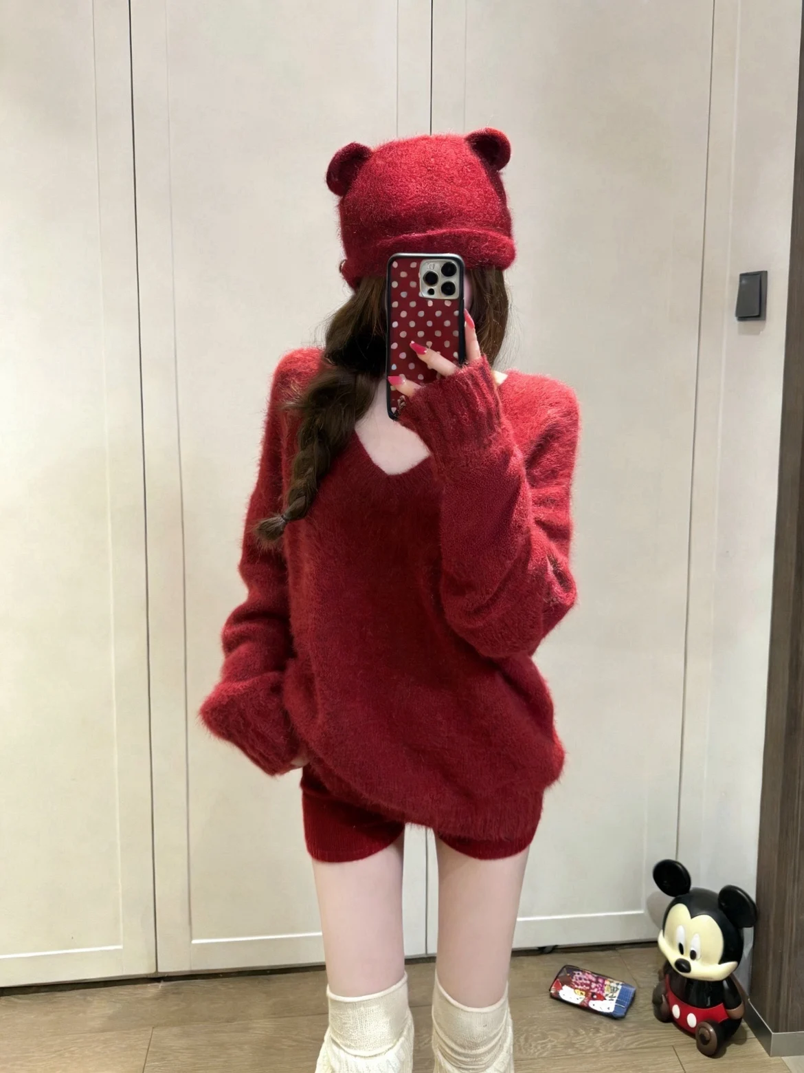 

Beloved Golden Girl Soft Plu Red V-Ne Knitted Sweater orts Set Spring Faion Women's Loose Fit Long Sve Crew Ne