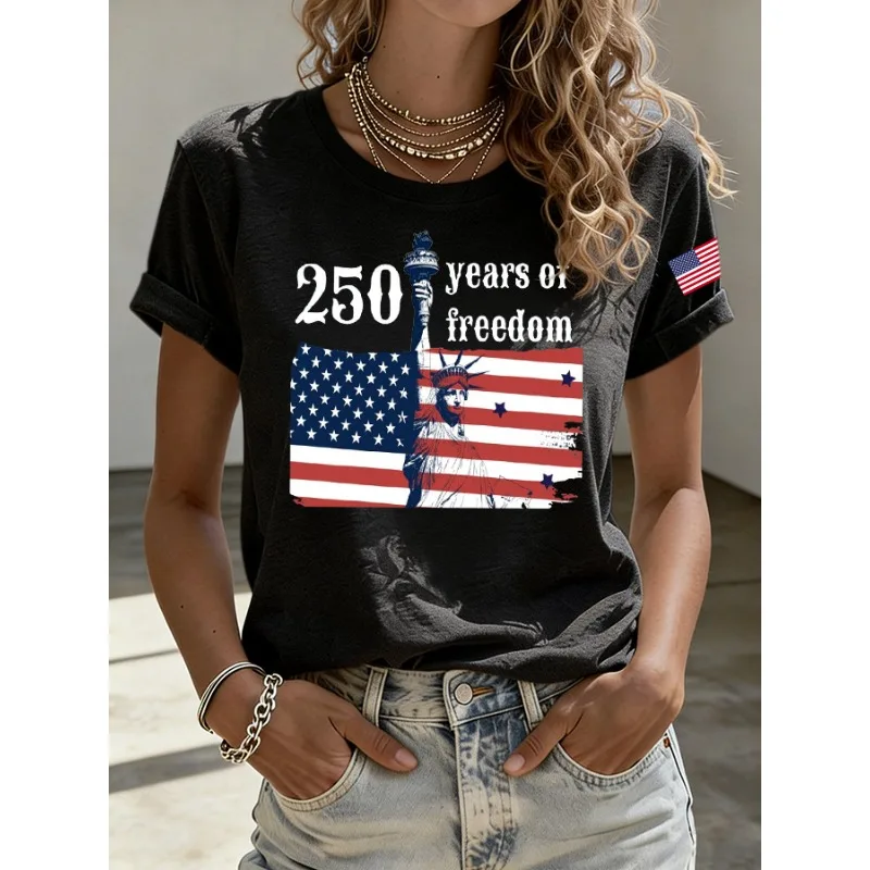 Ilstile 250th Anniversary United States Flag Women's Print T-Shirts Summer O Neck Tops Short Sleeve Casual Freedom Tees