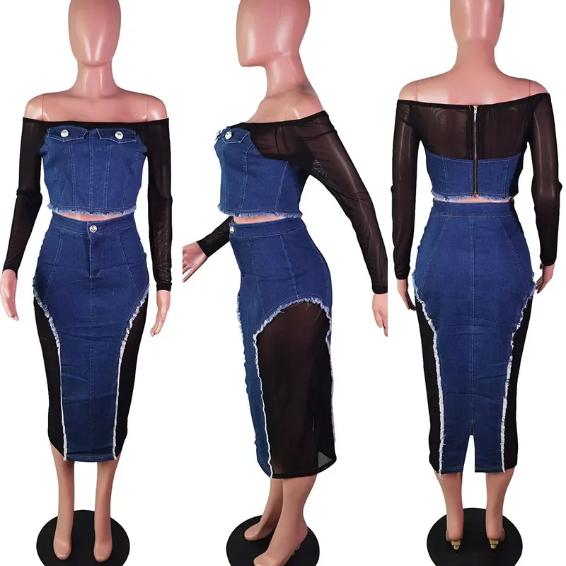 Elegant Mesh Patchwork Denim Dress Sets Womens 2 Piece Outfit Set Clubwear Slash Neck Crop Top and Long Skirt Matching Sets Chic