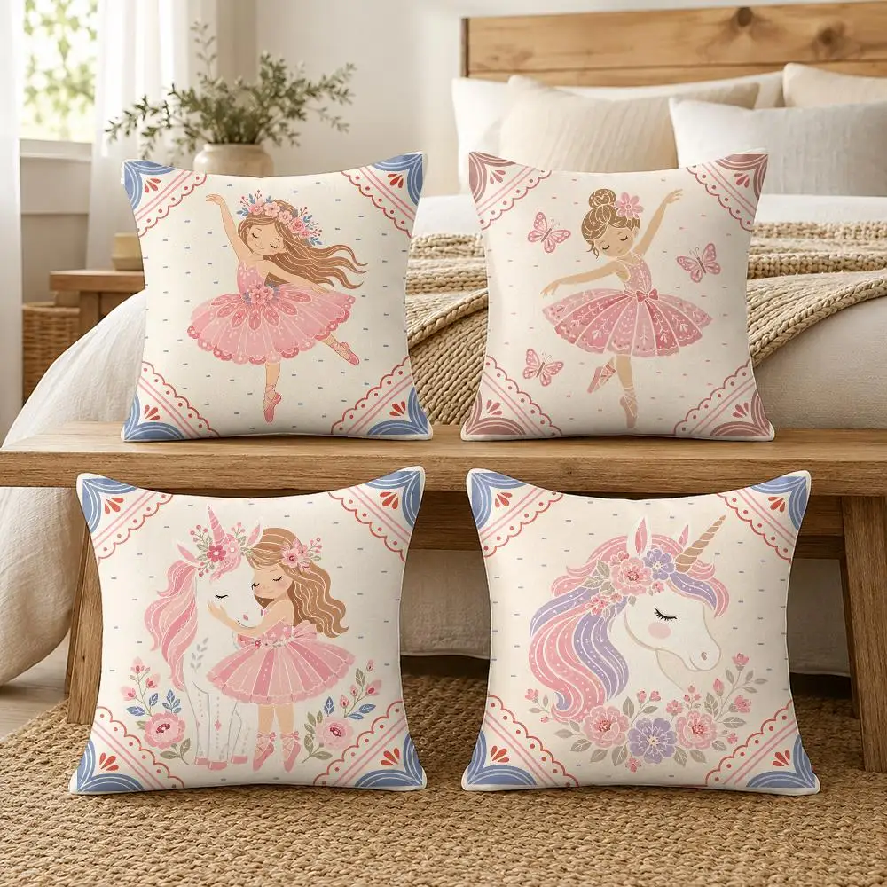 Pink Ballerina Unicorn Butterfly Girl Cushion Cover Soft Short Plush Pillow Cover Smooth Cozy Texture Cushion Case Home Decor