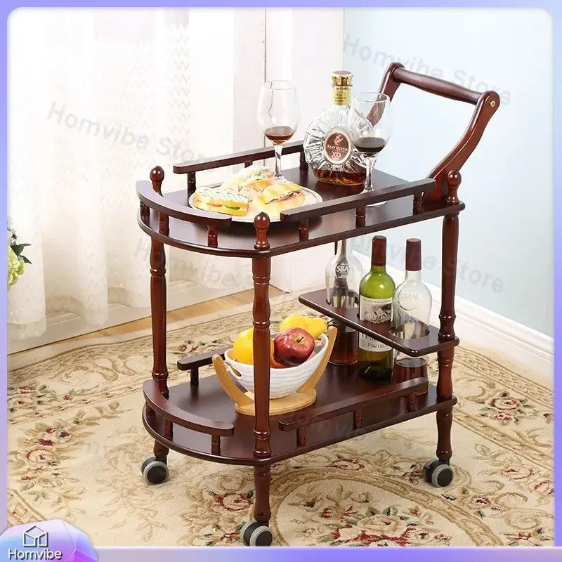 Solid Wood Trolley for Hotel Restaurant Food Delivery Mobile Wine Cart 4S Shop Tea Dim Sum Cake Cart Double Layer