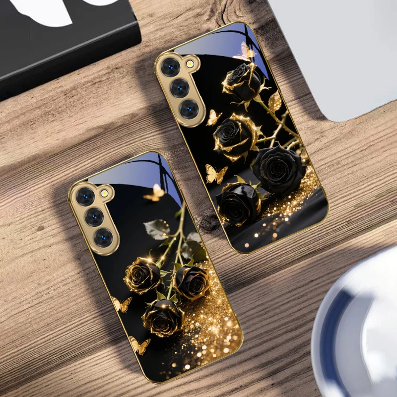 

Black and golden roses For Samsung Galaxy S26 S20 FE S21 S22 S23 Plus S24 Ultra 25Ultra S21+ S9 S22 S8 Golden glass phone case