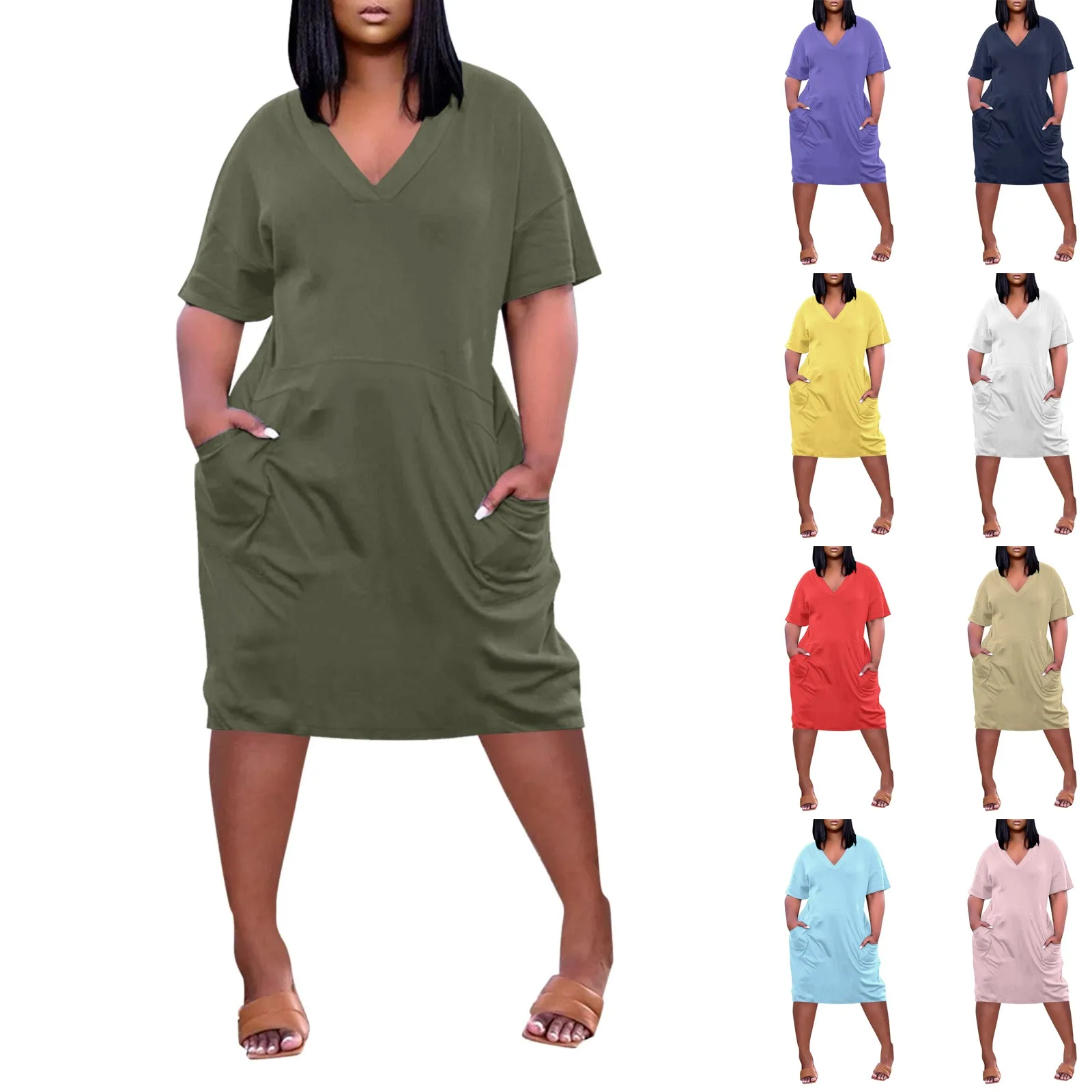 Women Summer Plus Size Midi Dress V Neck Short Sleeve Knee dress with Pockets Soild Color Casual Dresses Loose vestidos curtos