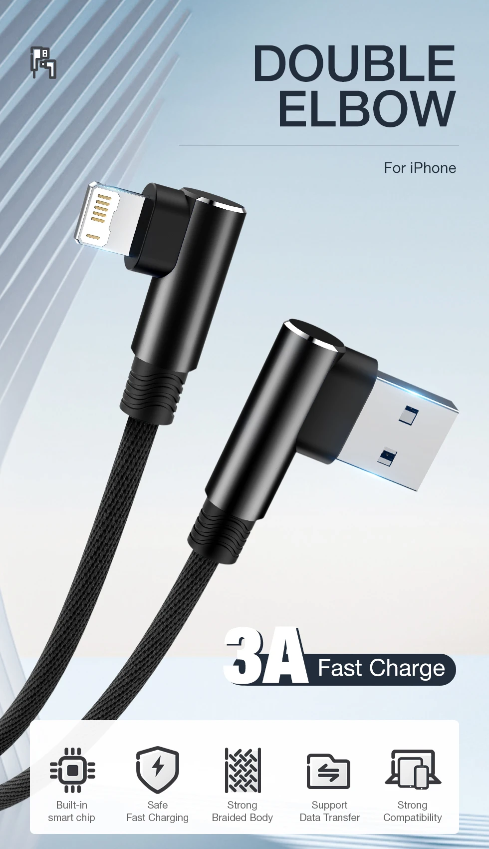 2m 3m 90 Degree Fast Charge USB Cable For iPhone 14 13 12 11 Pro Max XS XR 8 7 6 Plus SE iPad Apple Wire Data Charger Cord 2 3 m