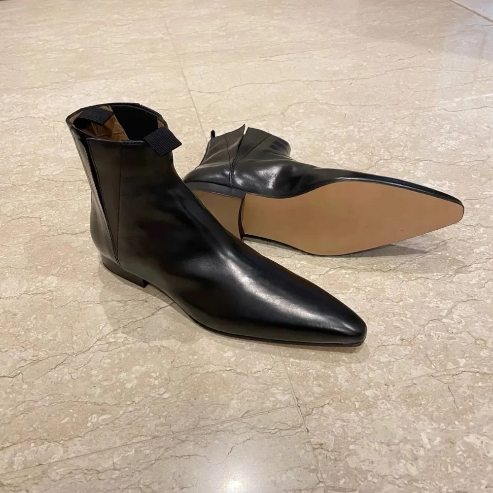 Retro Short Boots Women\'s Autumn/Winter Genuine Leather Pointed Chelsea Boots Womens Flat Bare shoes for Women Thin shoes Women