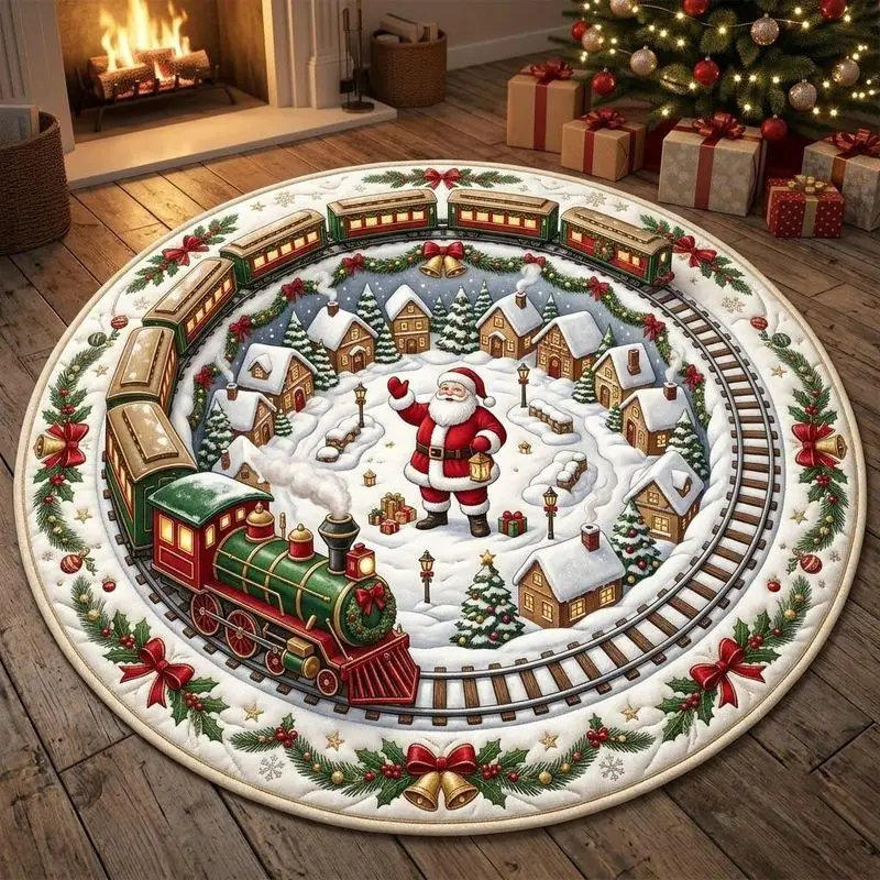 VIKAMA Santa Claus Round Rug Soft Washable Non Slip Village Train Snow House Carpet for Kids Room Christmas Holiday Decor