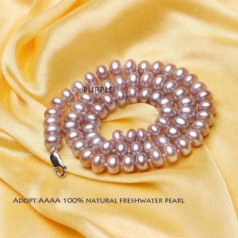 Dainashi Classic 8-9mm Semi-round Natural Pearl Necklace for Women Girls Fashion 925 Sterling Silver White Pink Purple 3 Color