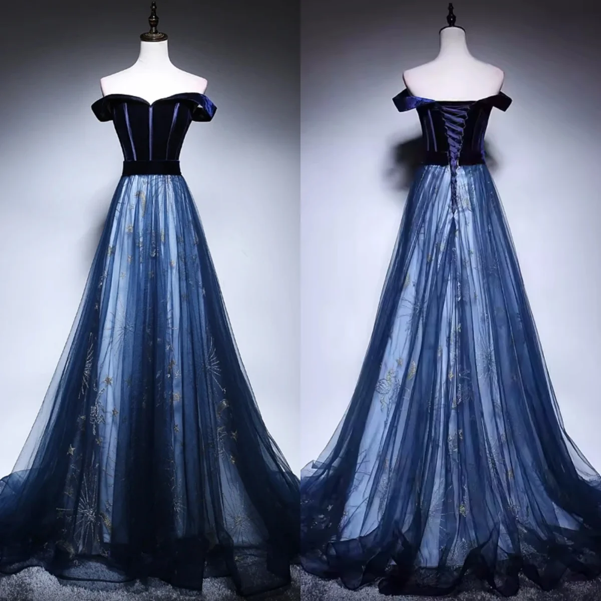 

Evening Dresses Navy Blue Velvet Tulle Off The Shoulder Floor Length A-line Plus size Women Party Formal Gowns Robe De Soiree