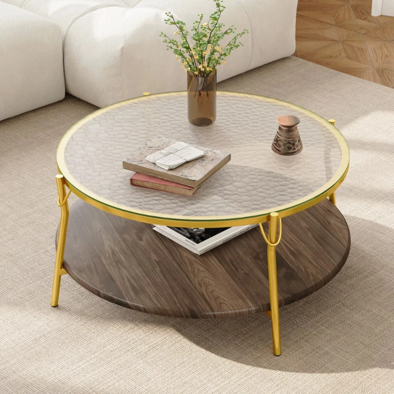 Modern style round walnut two-story coffee table, glass top, gold base, suitable for living room