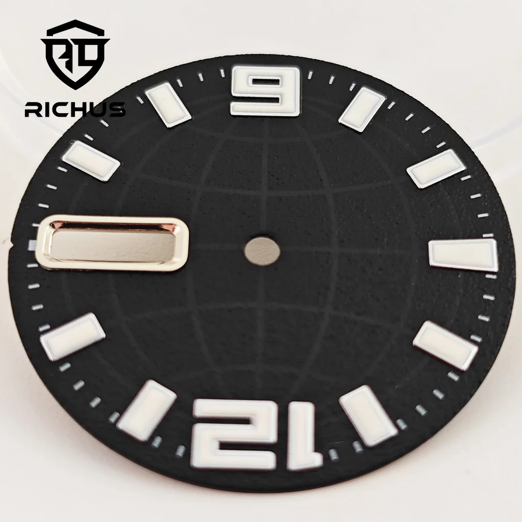 Циферблат часов RICHUS NH36 Черный циферблат 28,5 мм ​   Зеленый светящийся циферблат, подходит для механизма NH36, 3-часовая заводная головка, заводная головка на 3,8 часа