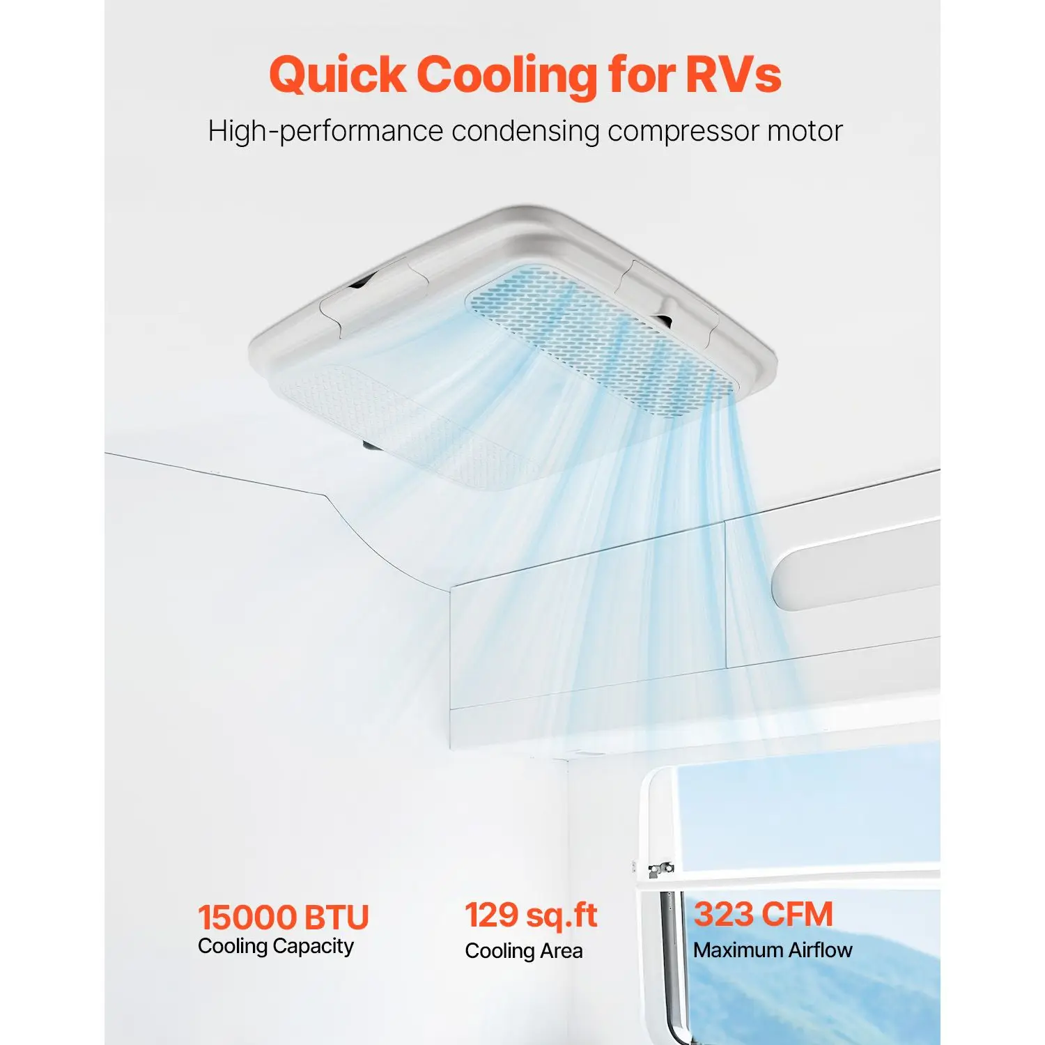 RV Air Conditioner, 15000 BTU Non-Ducted Rooftop RV AC Unit, 65 dB Quiet Design, Including Air Distribution Box, Operation Panel