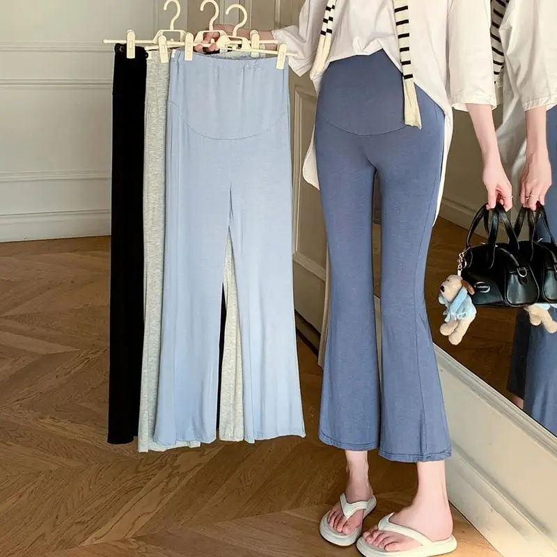 2026 New Summer Maternity Flare Pants Chic Style Adjustable Waist Thin 9‑Length Belly Support Trousers Outer Wear Pregnant Women
