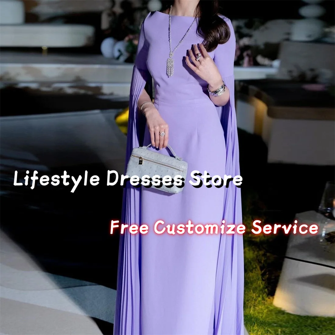 Customized Lilac Pleated Long Slit Sleeves Elegant Prom Dresses Simple Wedding Party Dress Floor-Length Evening Dress 2024