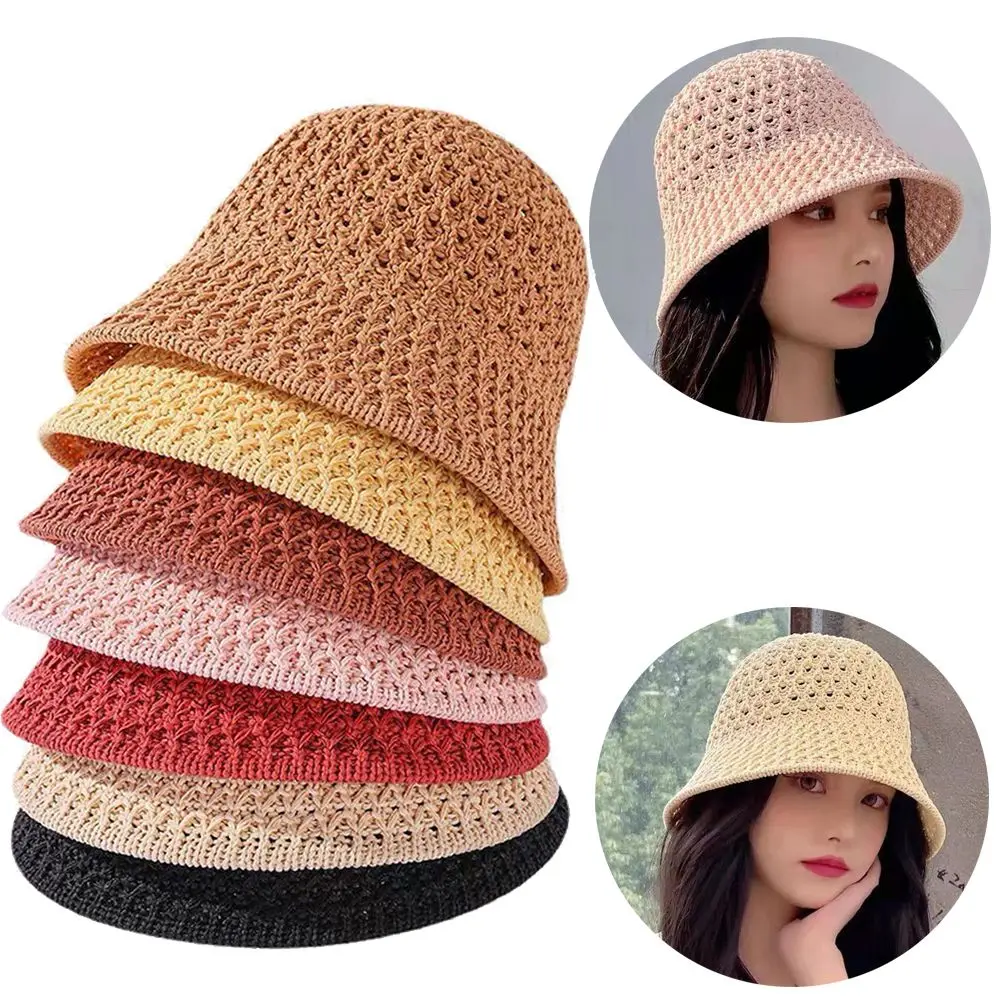 1pc Fischer hüte Eimer Hut Frühling Sommer hohle Strick mütze einfarbige Sonnenhut Fischer mützen lässig faltbare Strand mütze