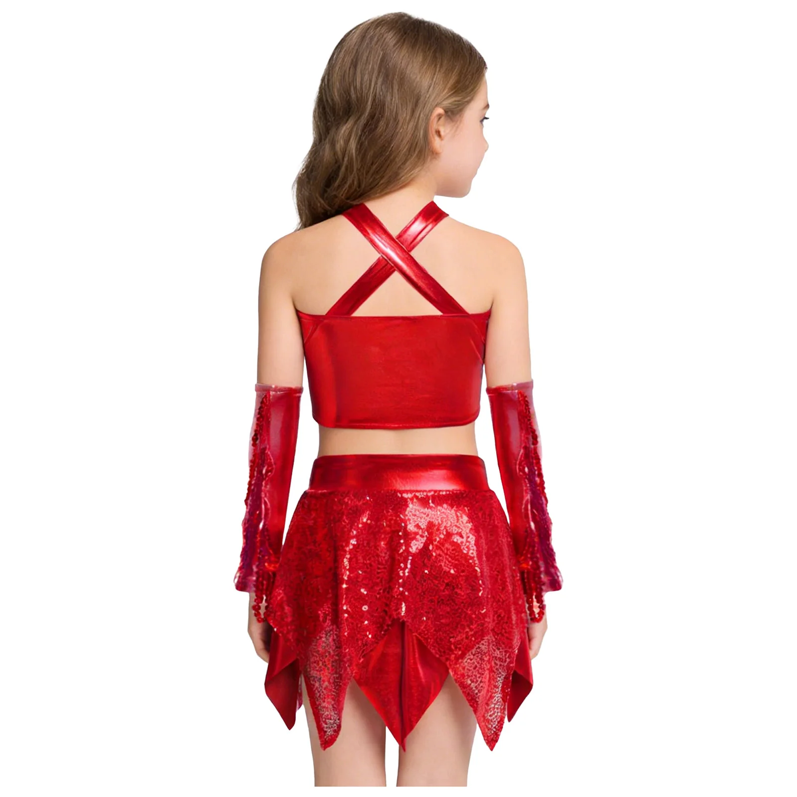 Girls Jazz Dance Performance Costume Cross Keyhole Sparkly Sequins Metallic Crop Top with Asymmetric Skirt And Sequined Gloves