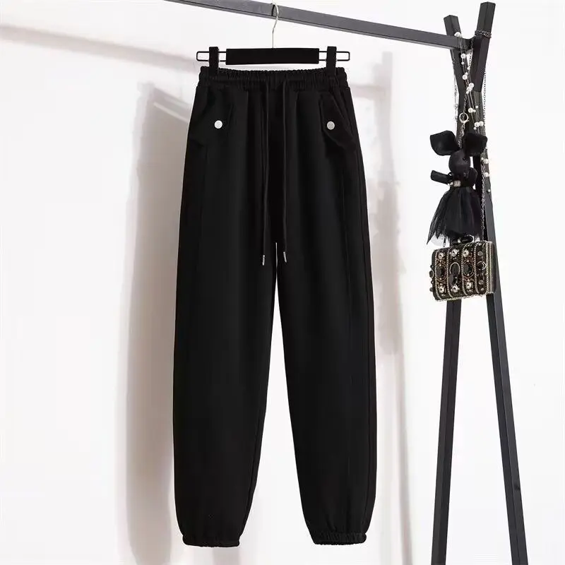 Calça de harém solta elástica na cintura feminina, roupa de senhora, laço de bolso, simplicidade, estilo jovem, streetwear casual