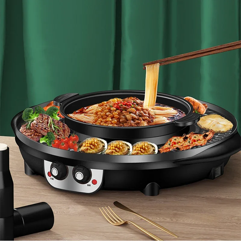 3 in 1 Electric Hot Pot BBQ Grill 2300W Multifunction Portable Home Non-Stick Split Pot Smokeless Skillet Barbecue Pan