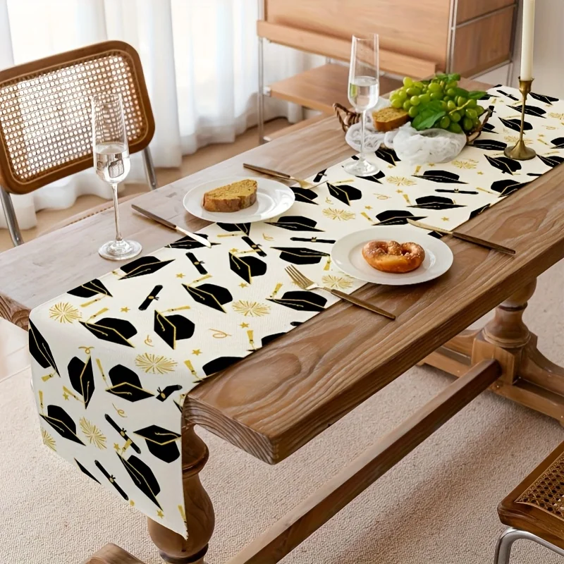 Graduation Cap Diploma Table Runner - Linen Black Gold White Party Decor