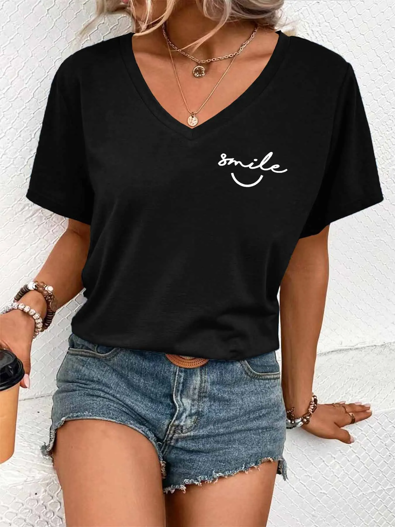 Smile Letter Print V Neck T-shirt New Style Casual Short Sleeve T-Shirts Tops For Spring & Summer Fashion Women\'s Clothing