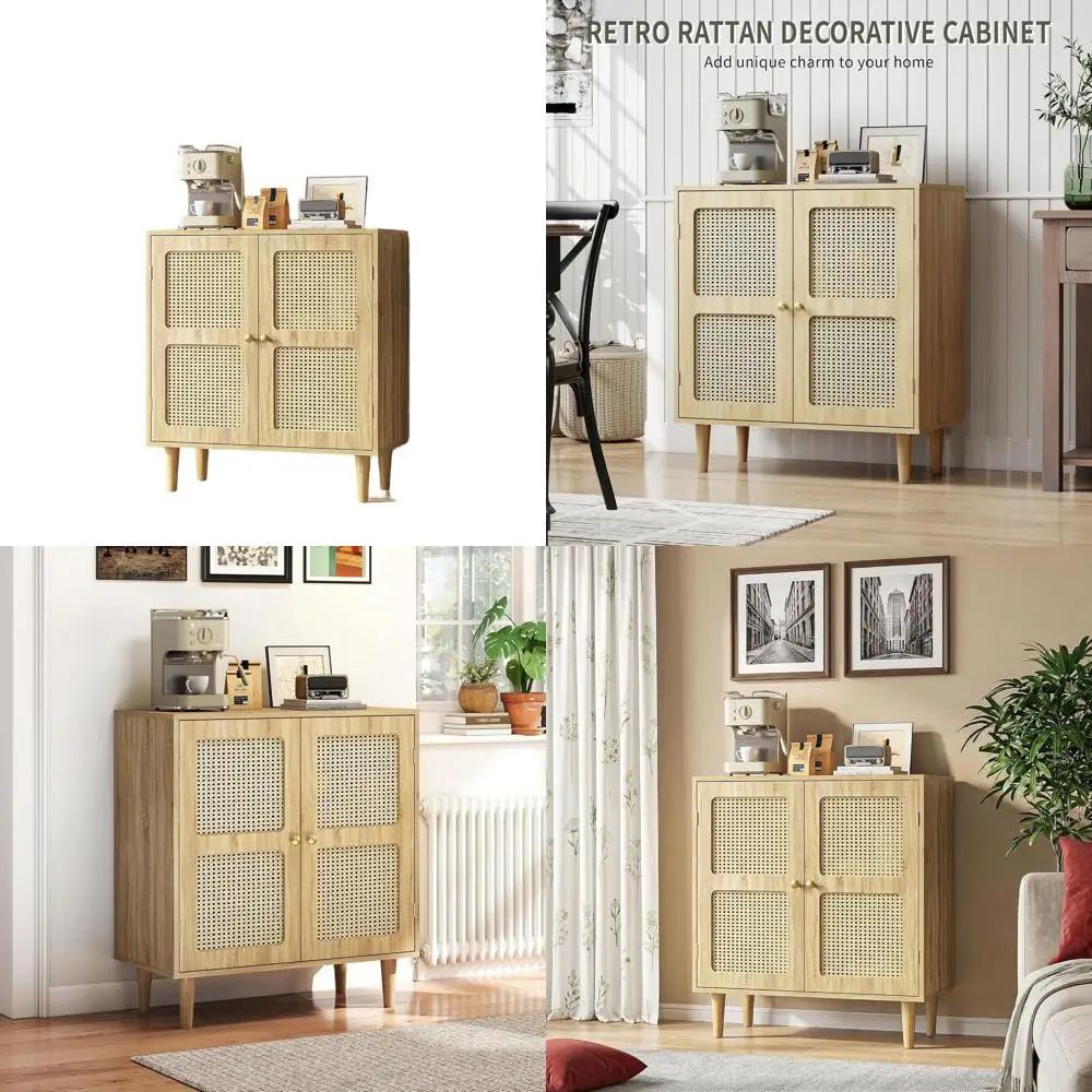 

Boho Style Rattan Buffet Cabinet with 2 Magnetic Doors, Adjustable Shelves & Solid Wood Legs