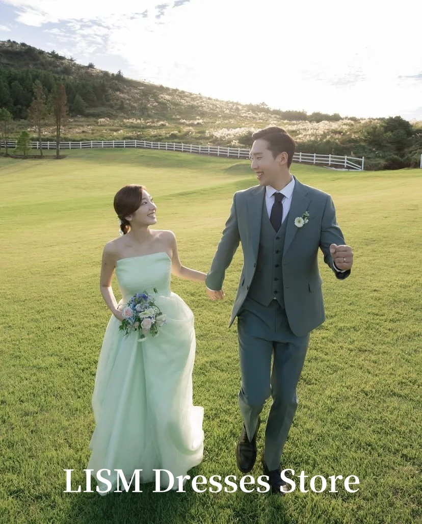 LISM Simple A-Line Korea Wedding Dresses Photo Shoot Tulle Sleeveless Floor Length Elegant Evening Gowns웨딩드레스 Customized Corsets