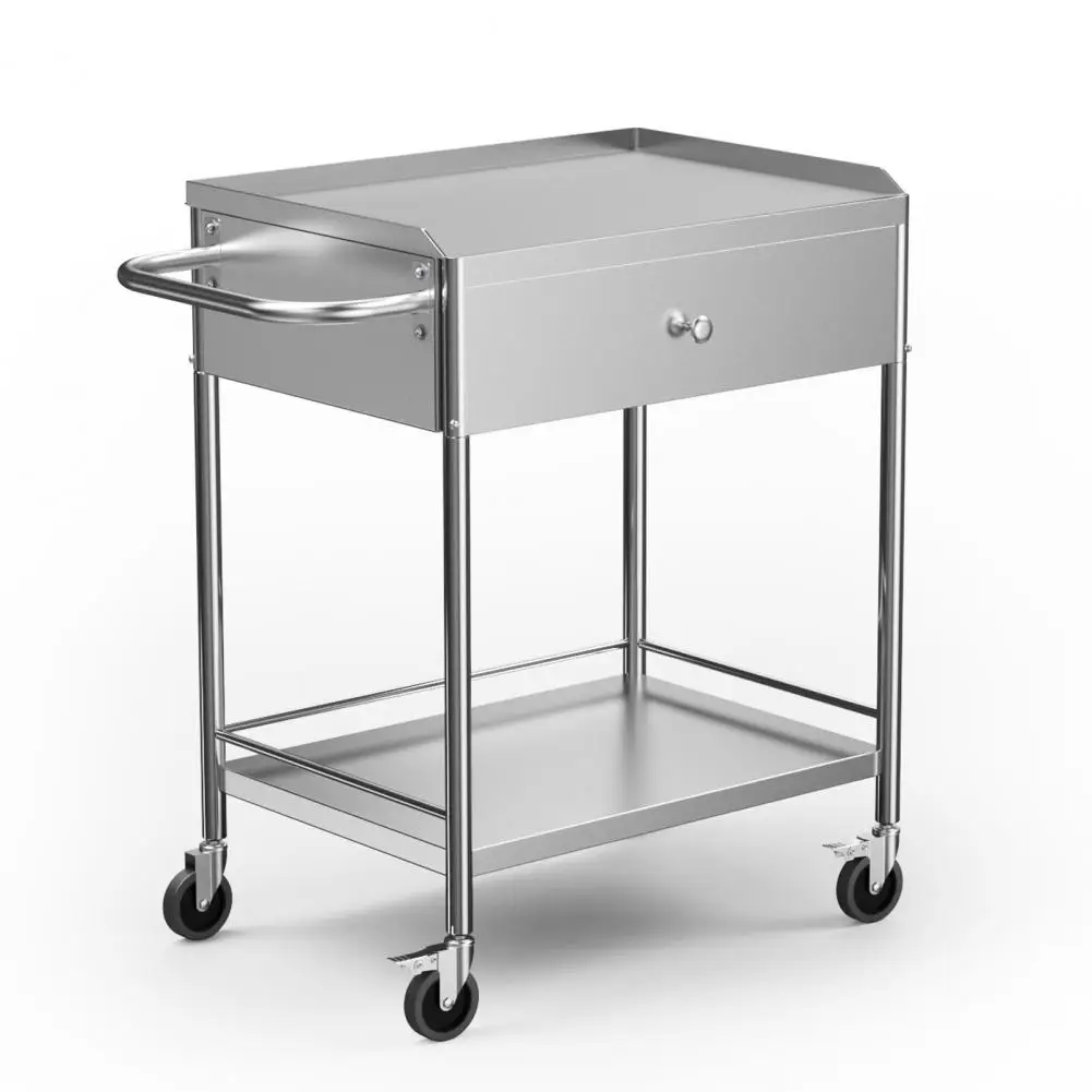 Stainless Steel Utility Cart with 360 Degree Silent Casters, 2 Shelves/1 Drawer Rolling Metal Cart for Medical Dental Lab Use