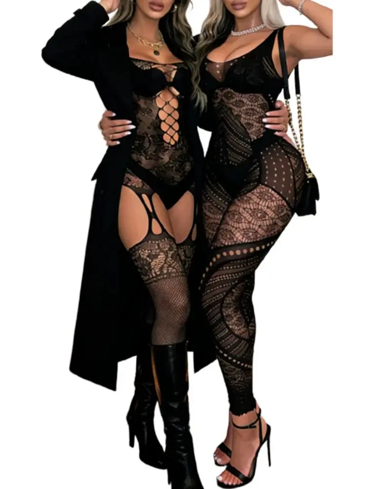 

Нижнее белье для женщин, порно чулки с открытой промежностью, сексуальные ажурные полые Lenceria Babydoll, прозрачное черное нижнее белье без рукавов