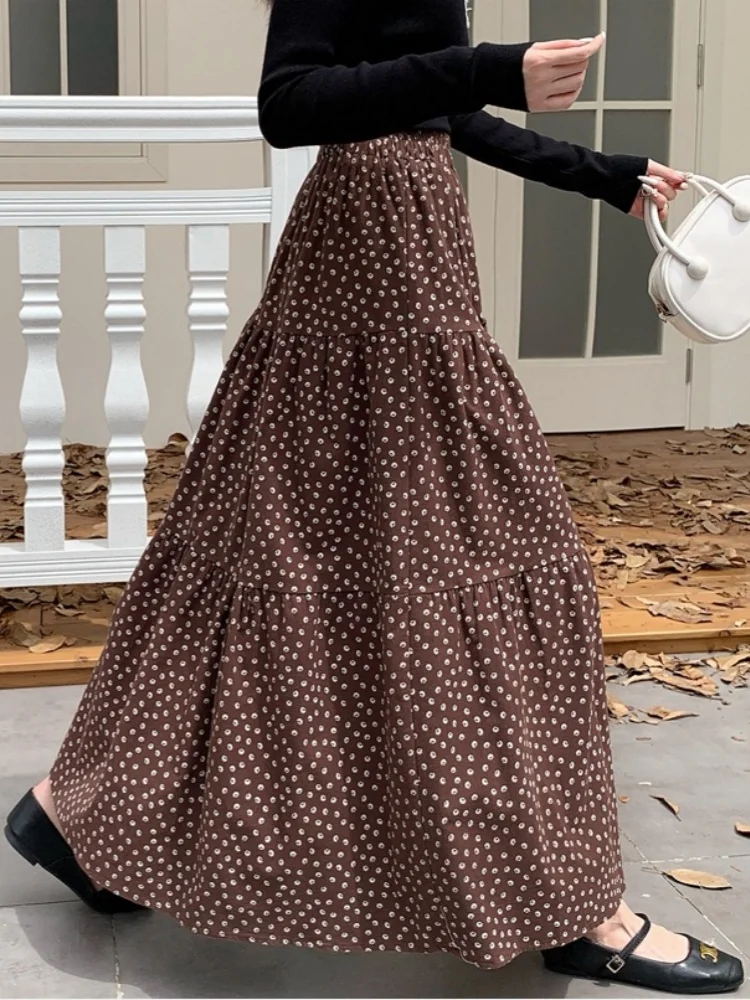 

SMTHMA New Autumn Winter French Floral Midi Skirt High Waist Big Swing Women's Skirts Fashionable Casual Long Skirts