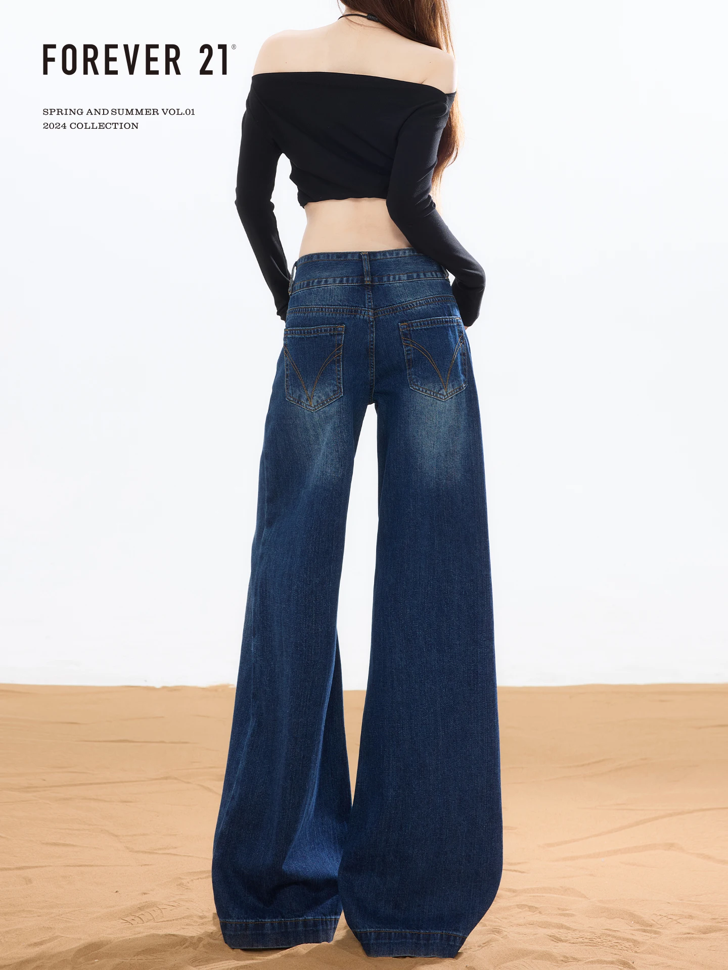 Forever 21 Vintage High Waist Wide Leg Jeans Women's Unique Double Buckle Design Loose Fitting Floor Length Trousers