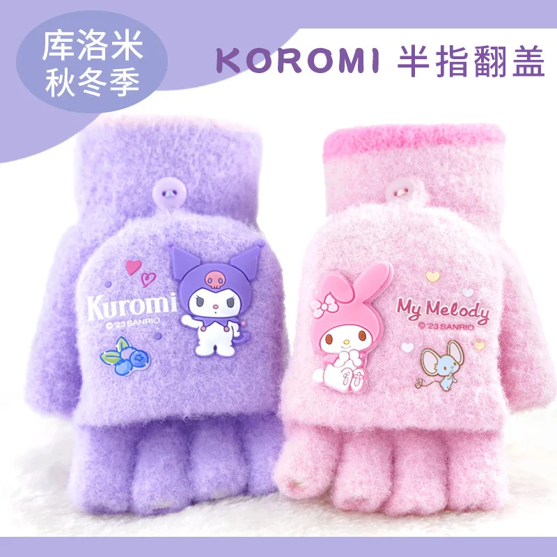 Sanrio sarung tangan rajut anak-anak, sarung tangan wol kartun kuromi flip musim gugur dan musim dingin hangat untuk perempuan