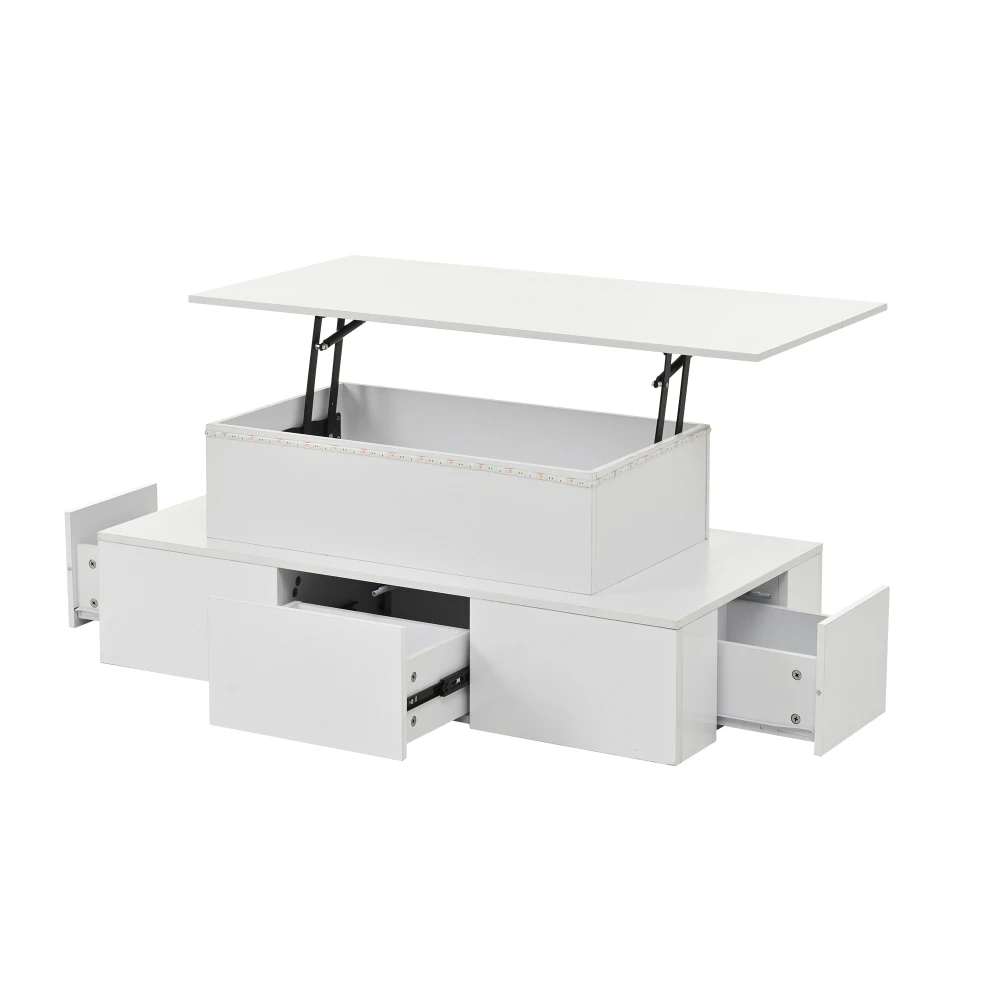 Ye Lift-Top Coffee Table, Highgloss Centre Table with 4 drawers & LED lights, Lifting Sofa Side Table,100*50*40cm, white