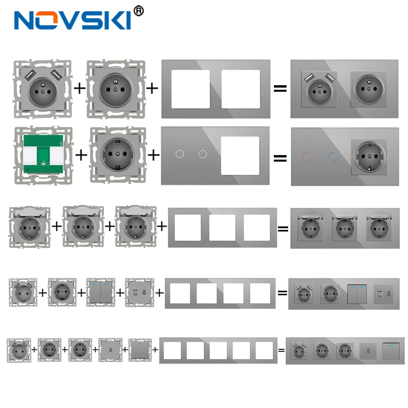 Novski Interruptor de luz de panel de vidrio templado, enchufe de pared europeo y francés, USB, TV, RJ45, RJ11, módulo de interruptor de sensor DIY gris