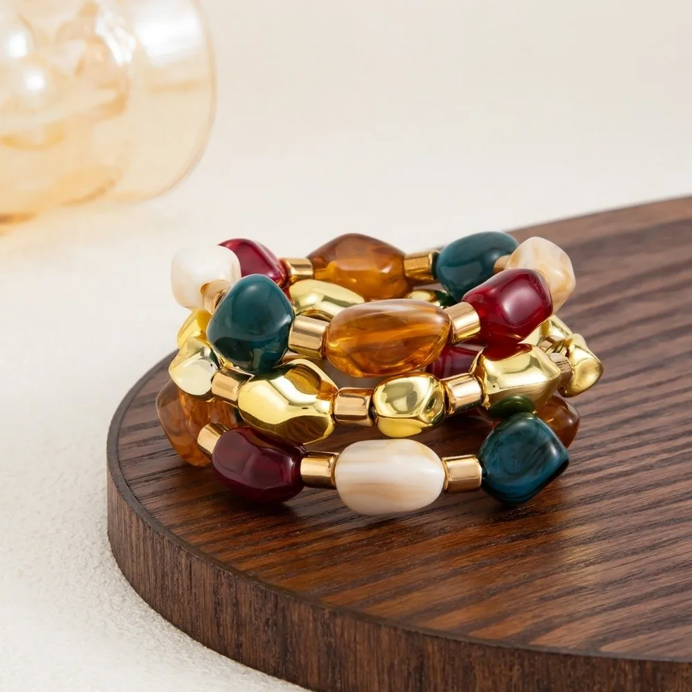 Multi Color Resin Bead Bracelet Gradient Hue Elastic Cord Elastic Cord Bracelet Stackable Design Irregular Shape