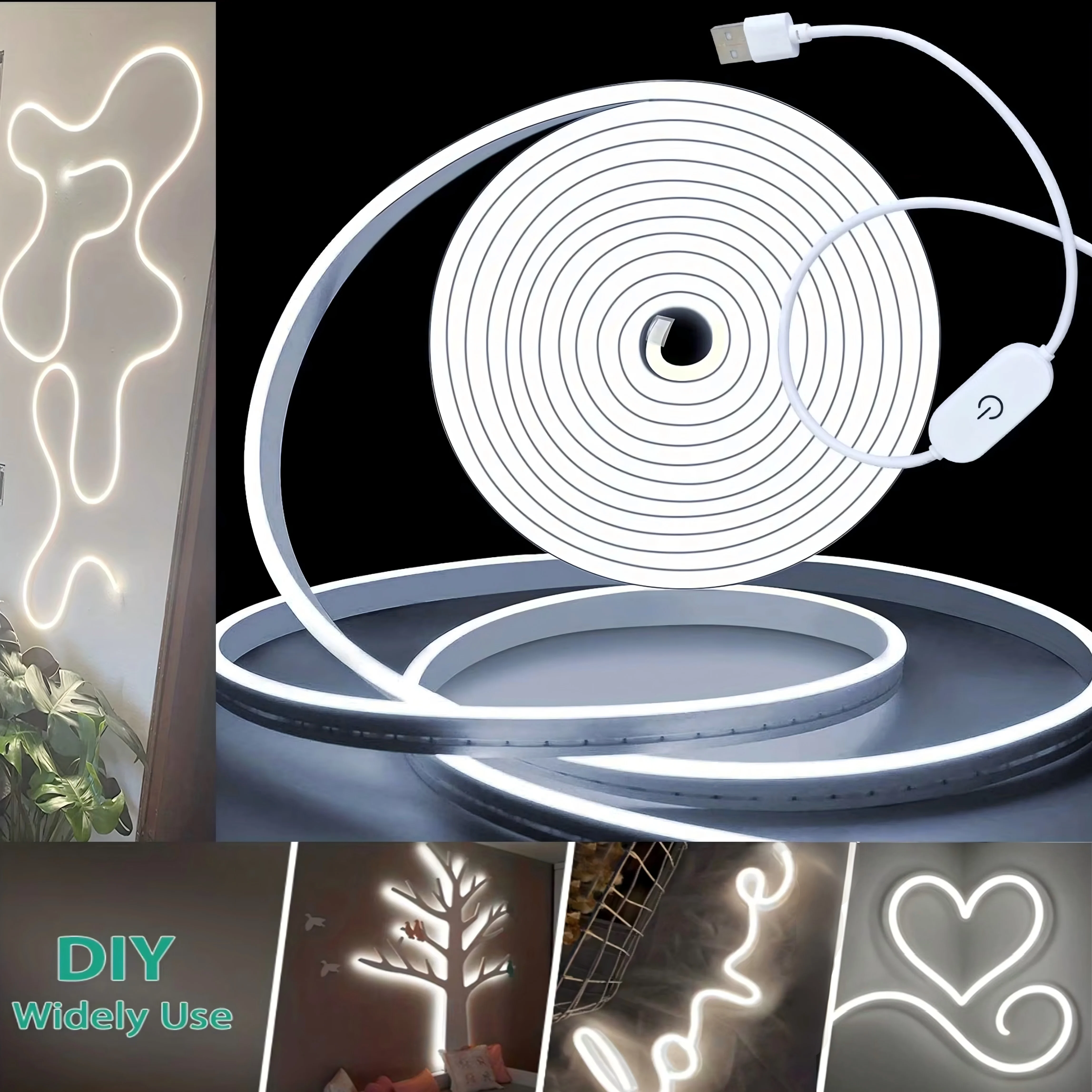 Touch-Sensitive Dimmable Neon Light, Low Voltage 5V, USB Interface, White/Warm Light Flexible Led Neon Light, Touch Dimmer Switch, Adjustable Light Brightness, Suitable for Indoor Cabinets, Wardrobes, Mirrors, and Tv Background Lighting