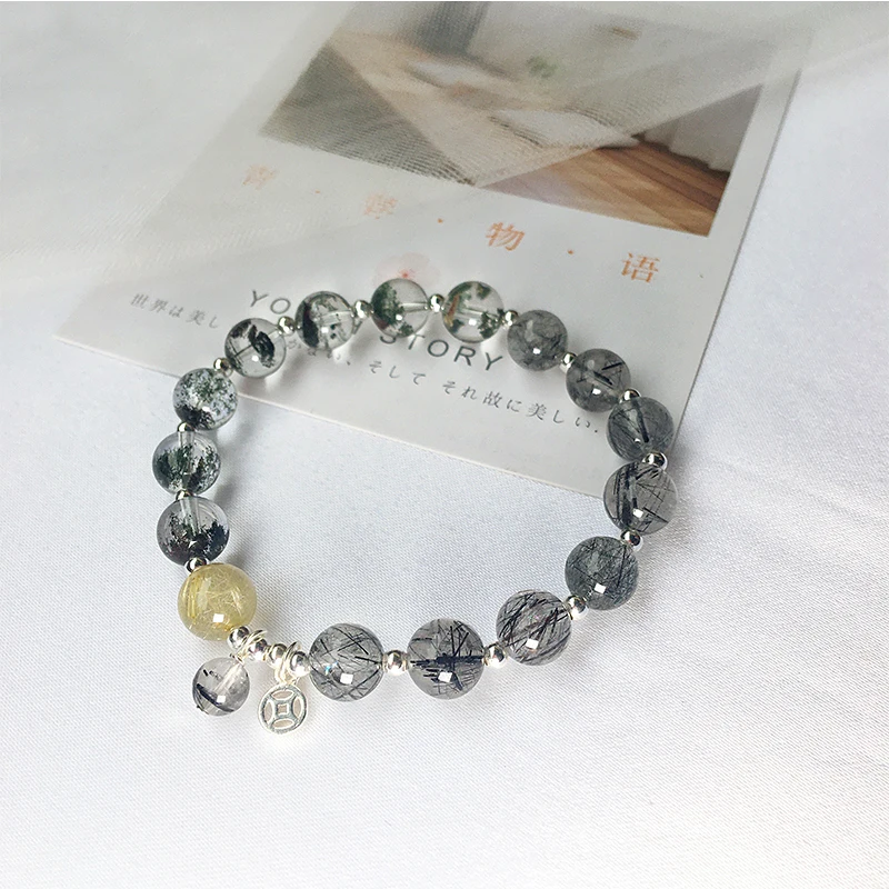 Natural Genuine Black Rutilated Quartz Bracelet Green Phantom Quartz Crystal Jewelry Women Gemstone Stretch Jewelry