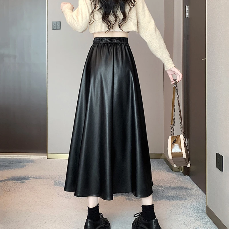 Women Fashion PU Leather Skirt Vintage Pocket High Waist Mid-Length Skirt Solid Loose A-line Skirt Streetwear Autumn/Winter TRAF