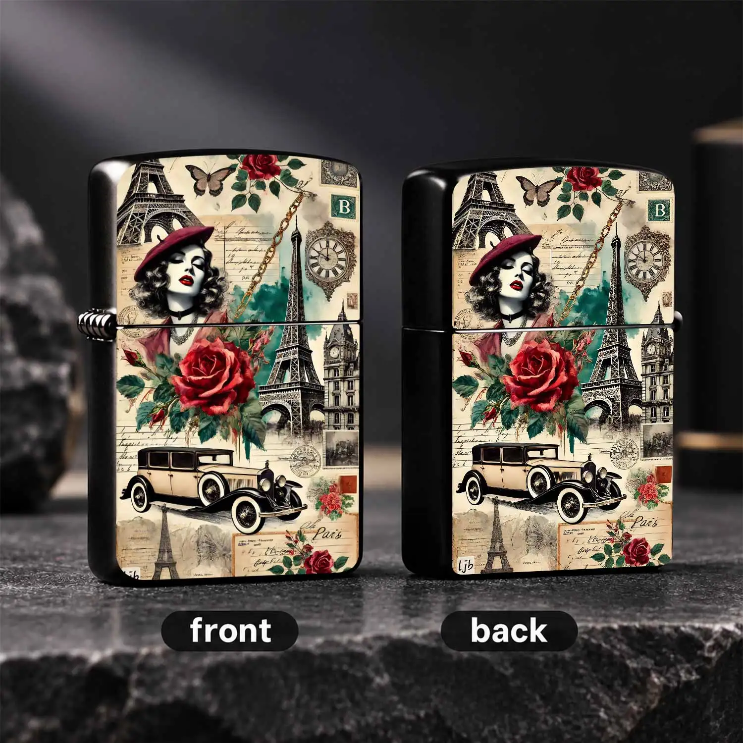 Vintage Paris Style Decorative Lighter, Artistic Collage Design Featuring Elegant Lady Eiffel Tower And Red Roses, Exquisite Portable Daily Use Item, Perfect For Gifting Collecting And Adding Unique Retro Flavor To Any Occasion Interesting