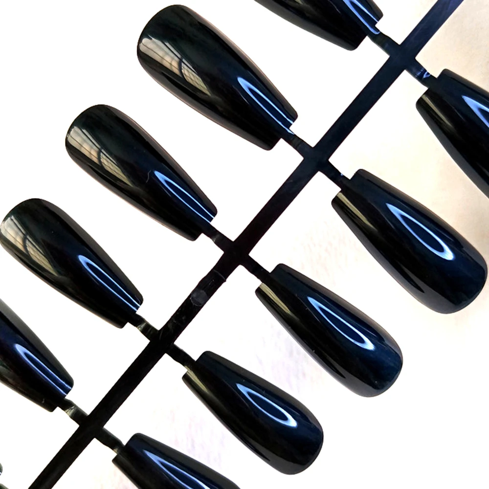 48 pezzi nero lucido stampa sulle unghie finte con colla gelatinosa breve ballerina bara unghie finte strumento per manicure con dita artificiali