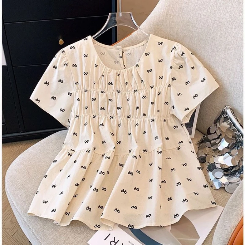 

Bow Print Loose Youth Korean Blouse Summer New Short Sleeve All-match Youth Thin Fashion Shirt Tops Sweet Casual Women Clothing