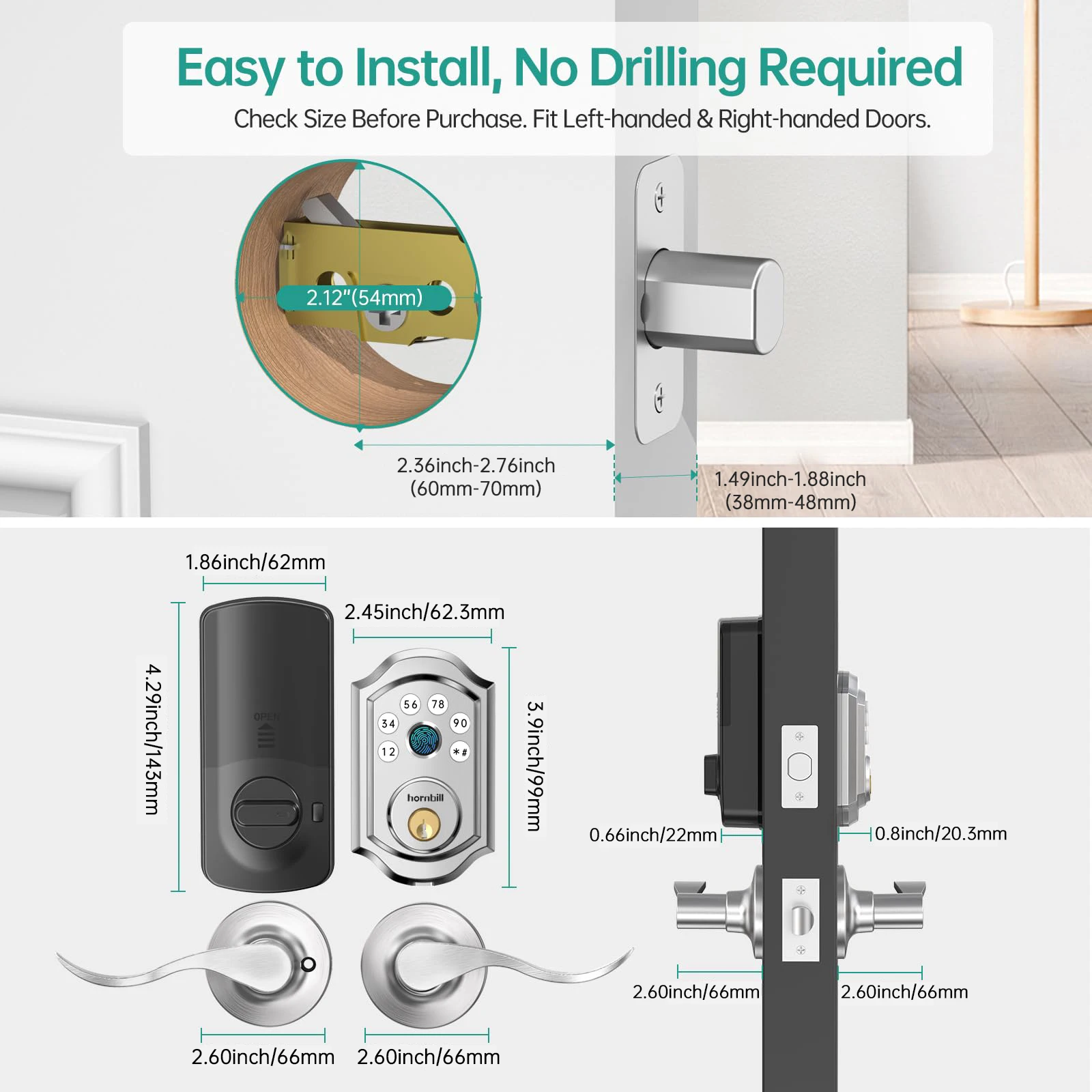 Hornbill A5 Smart Deadbolt Lock Fingerprint With Door Handles Electronic Digital Locks Set Keyless Entry Door Lock For Home Safe