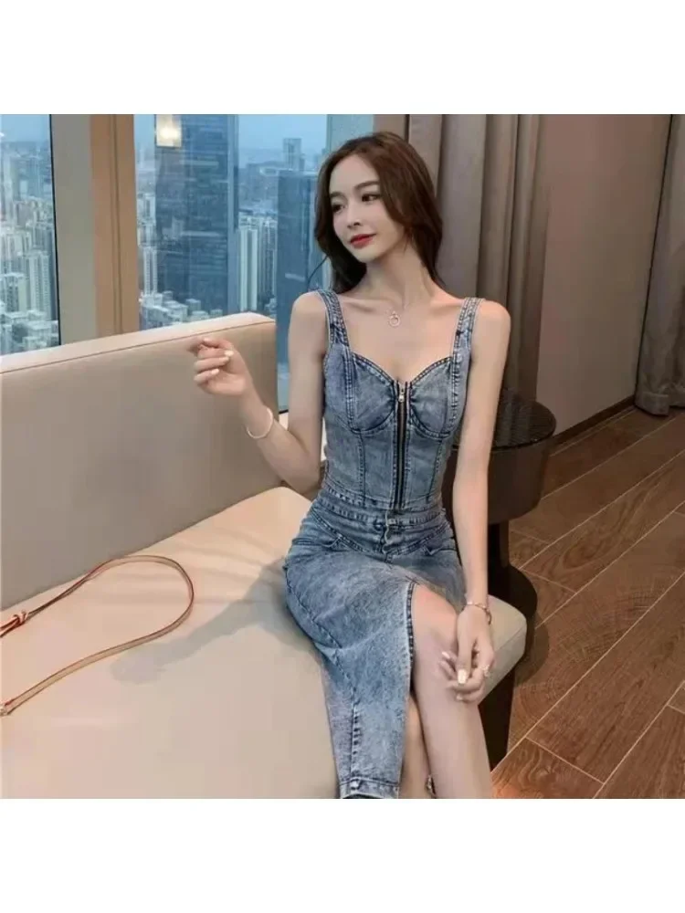 Women Two 2 Piece Set Sexy V-Neck Jeans Vest+High Waist Button-up Denim Skirts Korean Style Office Lady Sleeveless Suits Z316